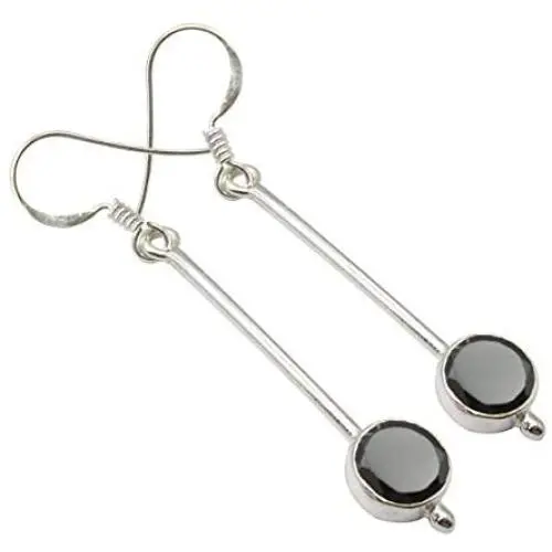 SilverStarJewel 925 Solid Sterling Silver Round Faceted Black Onyx Long Earrings 2'' SilverStarJewel 925 Solid Sterling Silver Round Faceted Black Onyx Long Earrings 2''