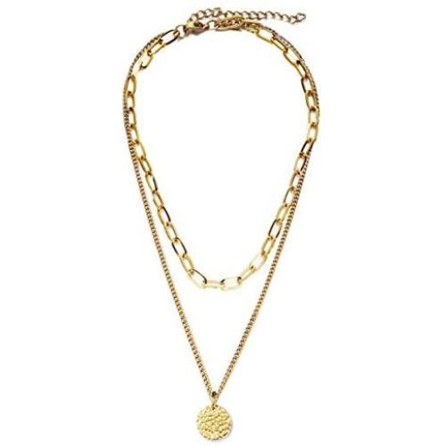 WangGao Stainless Steel Double Layers Paperclip Coin Pendant Necklace for Women Square Chain Choker Collar Jewelry