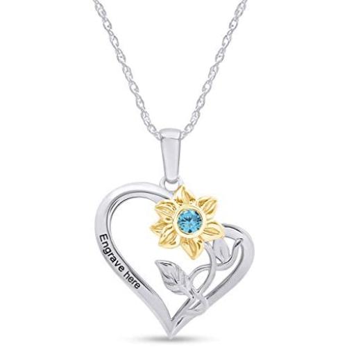 AFFY Personalized Two Tone Sunflower with Heart Pendant Necklace in 14k White Gold Over Sterling Silver