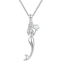 Mermaid Necklace, 925 Sterling Silver with Opal Star Pendant, Mermaid Nautical Sea Jewelry Mother Day Gift for Women Girlfriend Mermaid Lovers with Gift Box