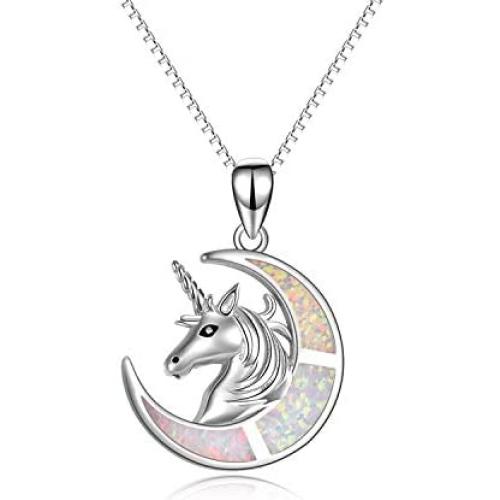 YFN Unicorn Gifts Created Opal Pendant Necklace 925 Sterling Silver Unicorn Jewelry for Women Girls