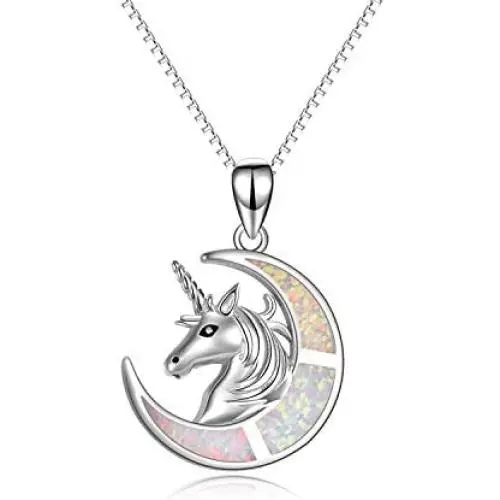 YFN Unicorn Gifts Created Opal Pendant Necklace 925 Sterling Silver Unicorn Jewelry for Women Girls