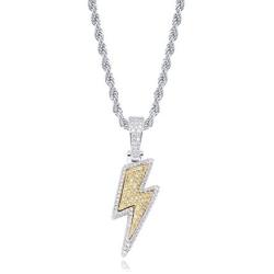 Moca Jewelry Iced Out Lightning BoltPendant Necklace 18K Gold Plated Bling CZ Zircon Simulated Diamond Hip Hop Rapper Chain Necklace for Men Women