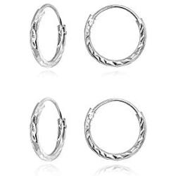 2 Pair Set Sterling Silver Diamond-Cut Tiny Small Endless Thin Round Unisex Hoop Earrings for Men Women Choose Size & Color