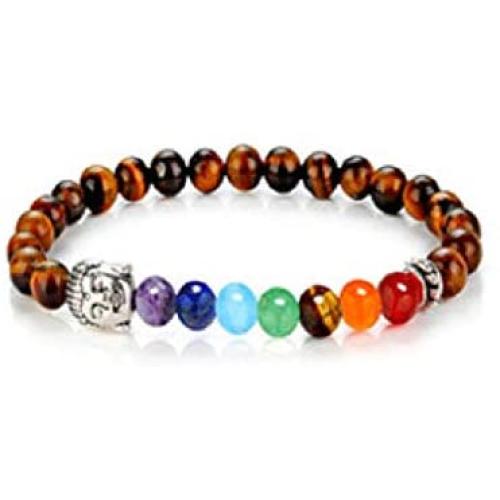 YAZILIND 6mm Round Beads Natural Stone 7 Chakra Bracelet Imitation Lapis Lazuli Colorful Buddha Head Stretchable Bracelet