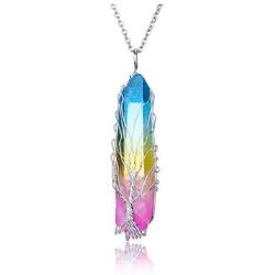 Jovivi Tree of Life Titanium Coated Rainbow Rock Quartz Chakra Crystal Necklace Copper Wire Wrapped Irregular Rough Healing Pointed Quartz Gemstone Pendant Jewelry for Women Men