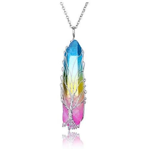 Jovivi Tree of Life Titanium Coated Rainbow Rock Quartz Chakra Crystal Necklace Copper Wire Wrapped Irregular Rough Healing Pointed Quartz Gemstone Pendant Jewelry for Women Men