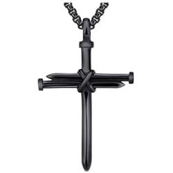 Stainless Steel Nail Cross Pendant Necklace，Mens Punk Jesus Faith Necklace Polished Gold Silver Black 24 Inch
