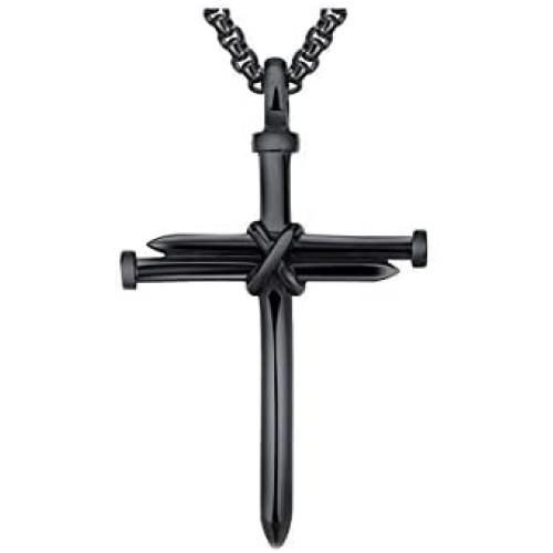 Stainless Steel Nail Cross Pendant Necklace，Mens Punk Jesus Faith Necklace Polished Gold Silver Black 24 Inch