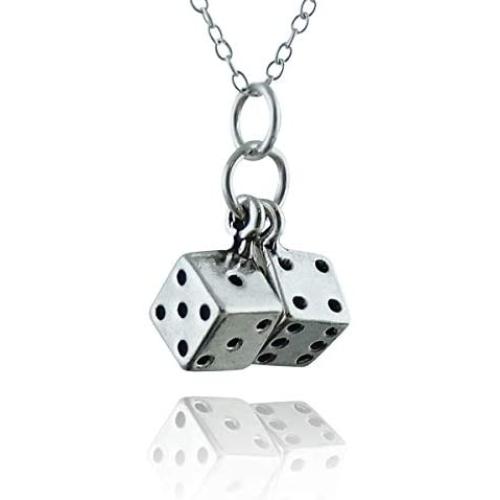 FashionJunkie4Life Sterling Silver Extra Small 3D Pair of Dice Charm Necklace, 18'' Cable Chain, Lucky Pendant Vegas Casino Jewelry