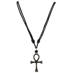 BlueRica Ankh Cross of Life Pendant on Adjustable Black Rope Cord Necklace (Old Silver Color)
