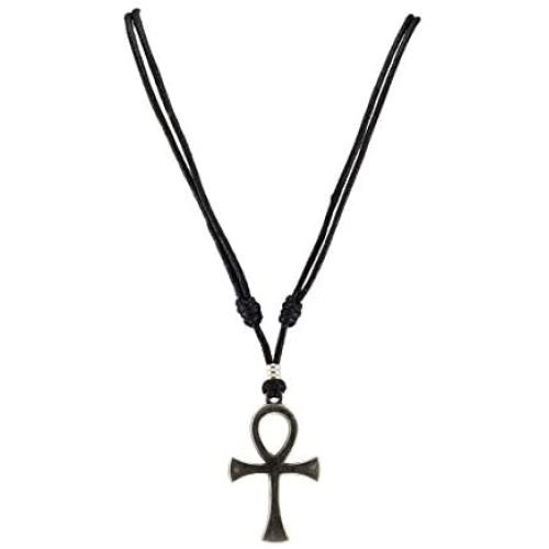 BlueRica Ankh Cross of Life Pendant on Adjustable Black Rope Cord Necklace (Old Silver Color)