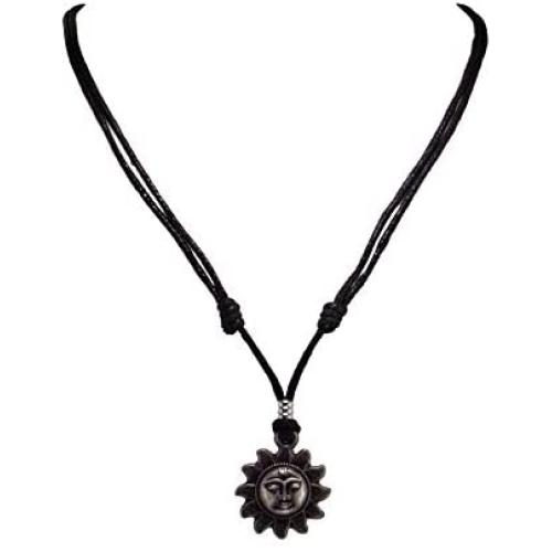 BlueRica Sun Pendant on Adjustable Black Rope Cord Necklace (Old Silver)