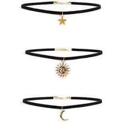 Vintage Sun Moon Star Necklace Choker Black Velvet Flocking Crescent Pentagram Necklace Collar Jewelry for Women Girls