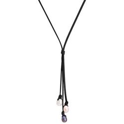 3 Cultured Pearls Pendant Necklace on Suede Leather Cord Beaded Y-Shaped Jewelry for Women by Aobei