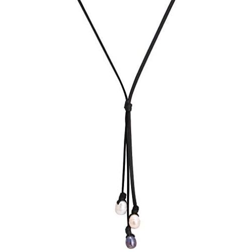 3 Cultured Pearls Pendant Necklace on Suede Leather Cord Beaded Y-Shaped Jewelry for Women by Aobei