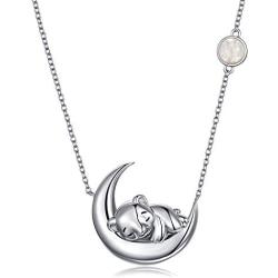 PEIMKO Cute Animal Panda Bear Sloth Cat Unicorn on the Moon Necklace for Grils, 925 Sterling Silver Moon Pendant Necklaces, Birthday Gift for Women Girls