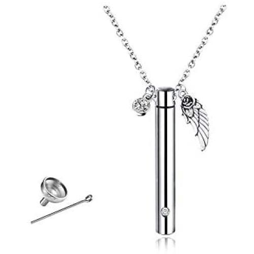 TGLS Angel Wing Necklace Cremation Jewelry with Clear Crystal Cylinder Urn Ashes Necklaces Memorial Keepsake Pendant