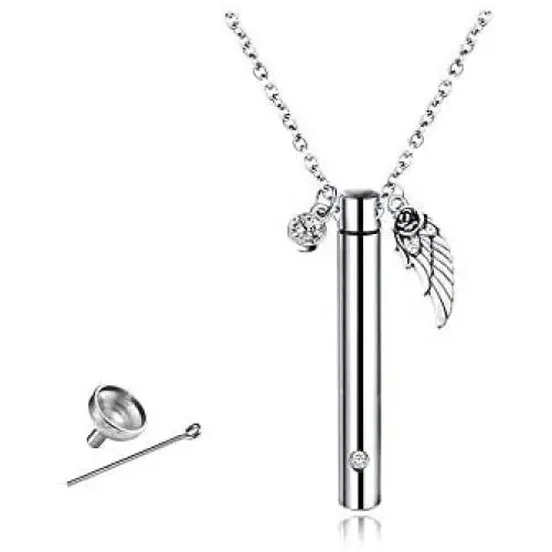 TGLS Angel Wing Necklace Cremation Jewelry with Clear Crystal Cylinder Urn Ashes Necklaces Memorial Keepsake Pendant TGLS Angel Wing Necklace Cremation Jewelry with Clear Crystal Cylinder Urn Ashes Necklaces Memorial Keepsake Pendant
