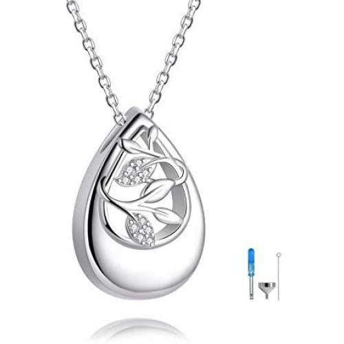 IOHUPCI Cremation Necklace for Ashes - 925 Sterling Silver Multicolor Cubic Zirconia Teardrop Keepsake Memorial Pet Human Ashes Holder Pendant Jewelry Women Gifts