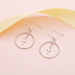 925 Sterling Silver Faith Cross Hoops Dangle Earrings Large Circle Dangling Religious Gift for Women