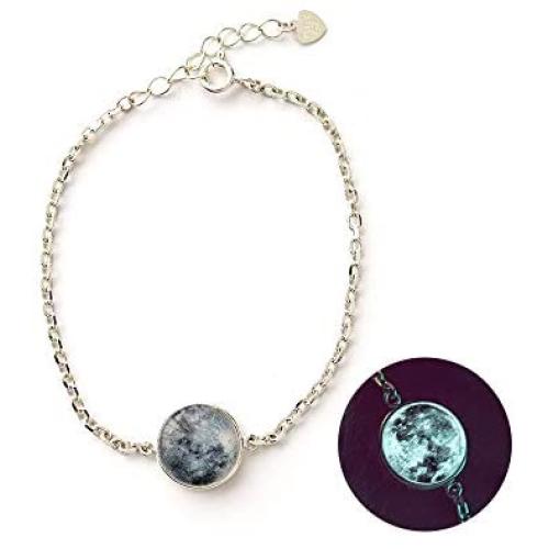 WingBling Lucky Unique Glow in The Dark White Full Moon Silver Bracelet for Women Dainty Handmade in Korea l Chain Pendant Style l Jewelry Gift Friendship Luminous Radiant Crescent Phase