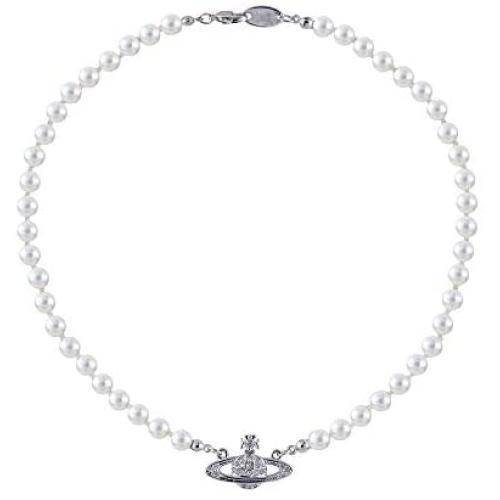 nobrand Golden Silver Saturn Pearl Necklace White Pearl Bead Necklaces Crystal Rhinestone Pearl Necklace for Women Best Friend Girlfriend Birthday Anniversary