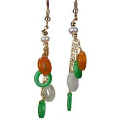 yigedan Natural Gem Dangle Hoops 3 Colors Jade Pearl Drop Earrings for Women Girls 14K Unique Handmade Jewelry