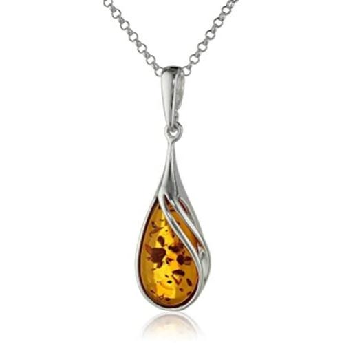 Ian and Valeri Co. Certificate Genuine Amber Sterling Silver Pear Shape Pendant Chain 18'' Necklace