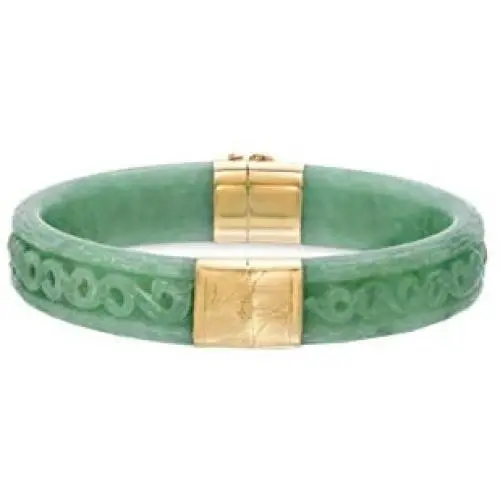 Regalia by Ulti Ramos 14K Yellow Gold Real Jade Hand Carved Bangle Bracelet Regalia by Ulti Ramos 14K Yellow Gold Real Jade Hand Carved Bangle Bracelet