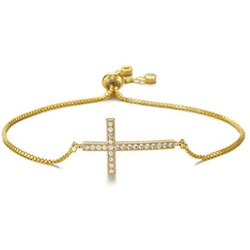 NEWBUY Classic Design AAA+ Cubic Zirconia Cross Charm Bracelets for Women Girl Adjustable Copper Chain Bracelet & Bangle Christian Jewelry Baptism Gift