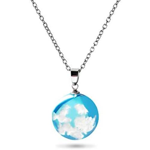 Ldurian Blue Sky Cloud Resin Necklace Transparent Resin Rould Ball Pendant Necklace for Women