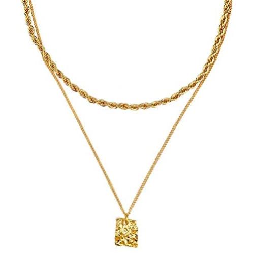 FAMARINE Gold Plated Choker Multi Layered Necklace for Women, Hammered Geometry Pendant Thick Chain Necklace for Women Teen Girls Fashion Jewelry Gift……