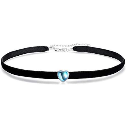 VIKI LYNN Black Velvet Choker Necklace Adjustable Blue Moonstone Choker Collar Necklace