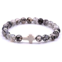 SOFTONES 8mm Beads Cross Bracelet for Women Men Natural Stone Elastic Link Prayer Bracelet for Boy Girls,with Gift Box