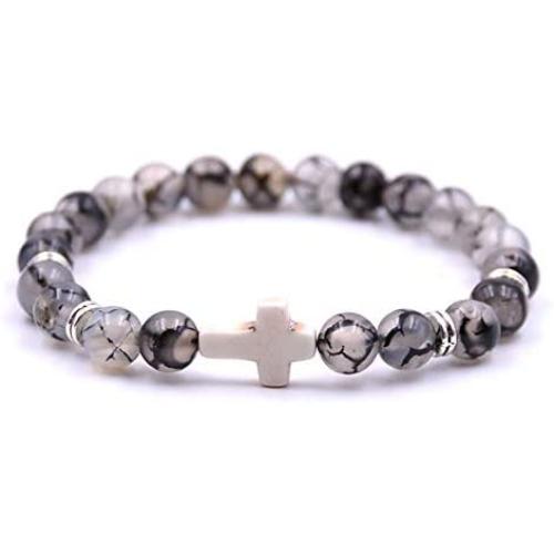 SOFTONES 8mm Beads Cross Bracelet for Women Men Natural Stone Elastic Link Prayer Bracelet for Boy Girls,with Gift Box