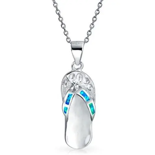 Blue Pink Rainbow Created Opal Sandal Flip Flop Pendant Necklace For Women Teen 925 Sterling Silver October Birthstone