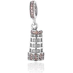 EVESCITY Limited Edition Swarovski Leaning Tower of Pisa Italy Travel 925 Sterling Silver Bead for Charms Bracelets Best Jewelry Gifts for Her