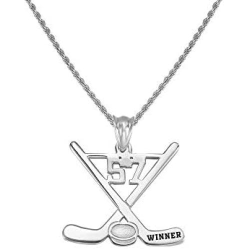 AILIN 925 Sterling Silver Custom Hockey Necklace with Lucky Number and Name Personalized Chain Engraving Pendant Ice Hockey Sticks Sports Athletic Jewelry Gifts for Men Boys Women