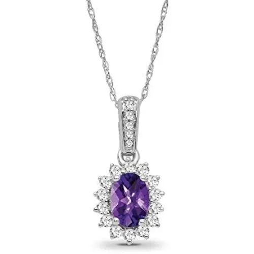 Sterling Silver Diamond and Oval Gemstone Halo Pendant Necklace (1/3 cttw, I-J Color, I2-I3 Clarity), 18'' Sterling Silver Diamond and Oval Gemstone Halo Pendant Necklace (1/3 cttw, I-J Color, I2-I3 Clarity), 18''