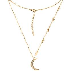 Savlano 14K Gold Plated Cubic Zirconia Round Cut Moon & Stars 18 Inches Pendant Chain Necklace for Women & Girls