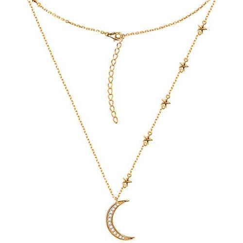 Savlano 14K Gold Plated Cubic Zirconia Round Cut Moon & Stars 18 Inches Pendant Chain Necklace for Women & Girls