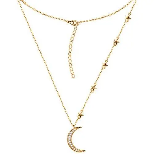 Savlano 14K Gold Plated Cubic Zirconia Round Cut Moon & Stars 18 Inches Pendant Chain Necklace for Women & Girls