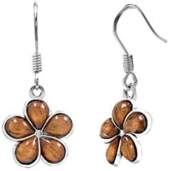 Sterling Silver Koa Wood Plumeria Hook Earrings