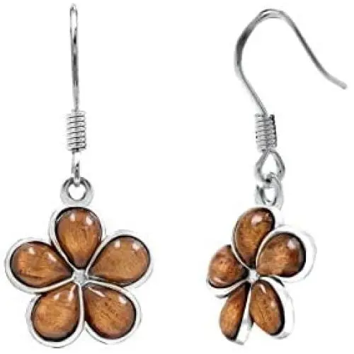 Sterling Silver Koa Wood Plumeria Hook Earrings Sterling Silver Koa Wood Plumeria Hook Earrings