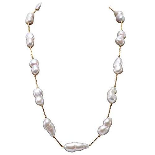 JYX Pearl Tin Cup Station Necklace White Baroque Freshwater Cultured Pearl Necklace