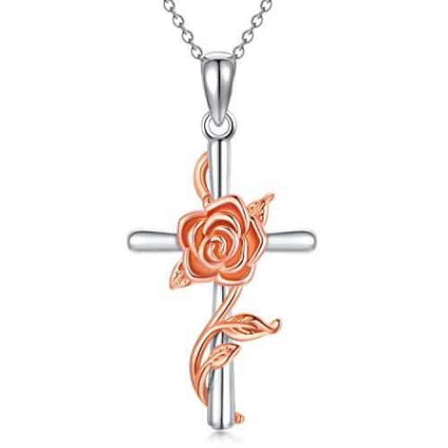 LONAGO Sunflower Rose Flower Cross Necklace 925 Sterling Silver Crucifix Pendant Religious Jewelry Gift for Women Wife Mom Girlfriend