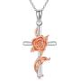 LONAGO Sunflower Rose Flower Cross Necklace 925 Sterling Silver Crucifix Pendant Religious Jewelry Gift for Women Wife Mom Girlfriend