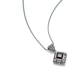 Sterling Silver Filigree Red Garnet Gemstone Square Pendant Necklace w/ 18'' Silver Chain