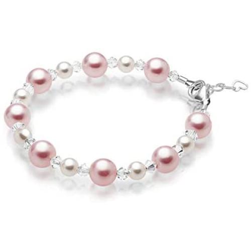 Baby Crystals Pretty Sterling Silver Bracelets for Girls with Pink and White Swarovski Simulated Pearls, Girls Jewelry, Pearl Bracelet for Girls, Birthday Gifts, Flower Girls